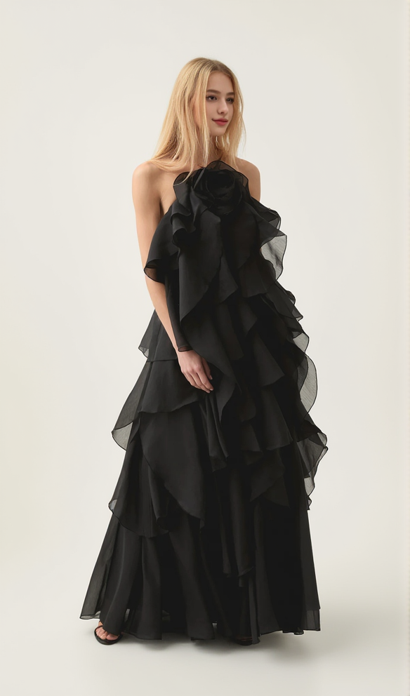 AIIZIE CAYSIE HALTER FLORAL RUFFLE LAYERED MAXI DRESS IN BLACK - product image