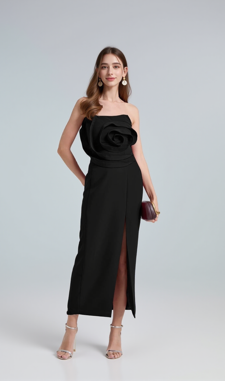 michelle 3d flower strapless midi dress in black