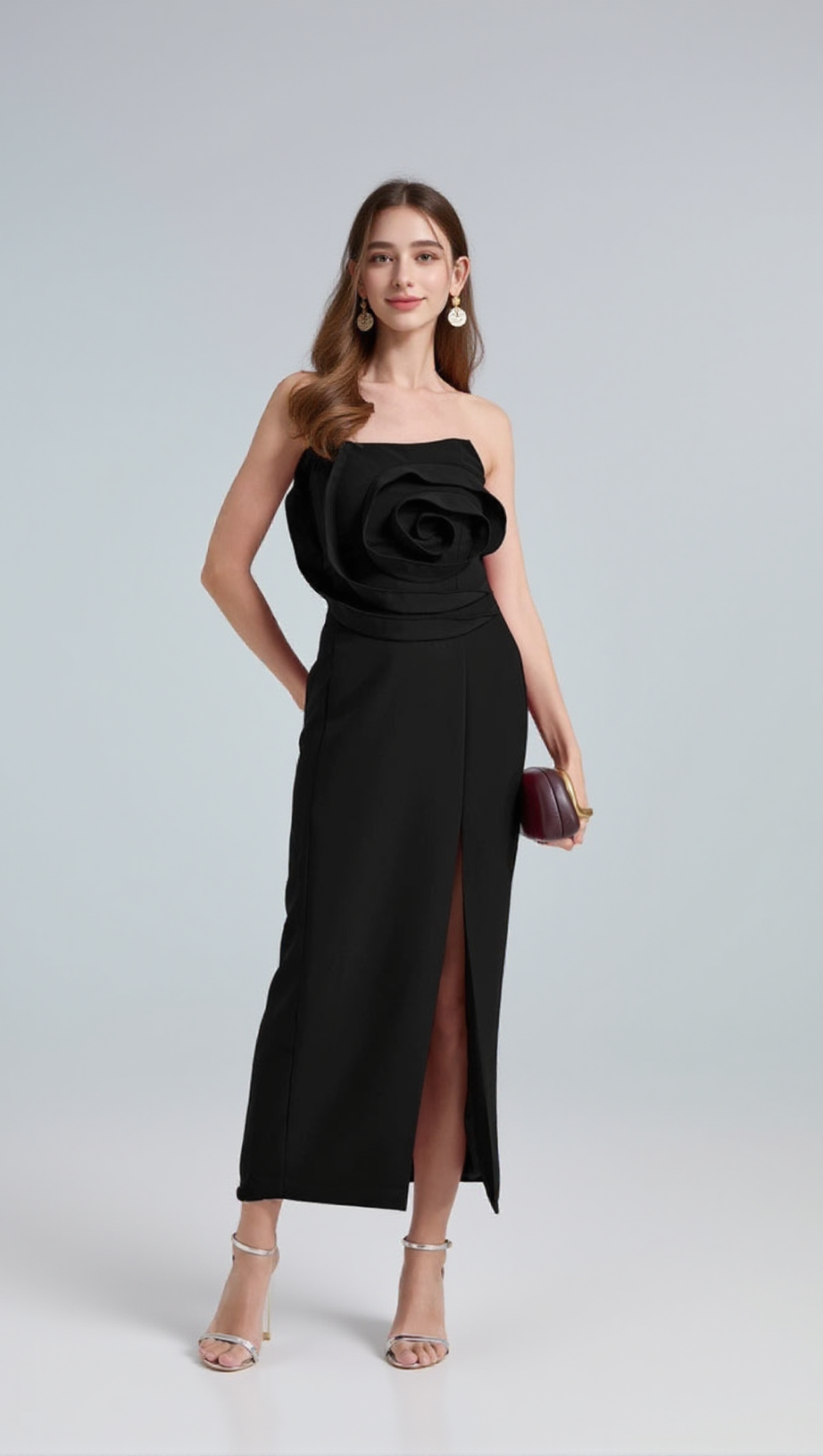 MICHELLE 3D FLOWER STRAPLESS MIDI DRESS IN BLACK