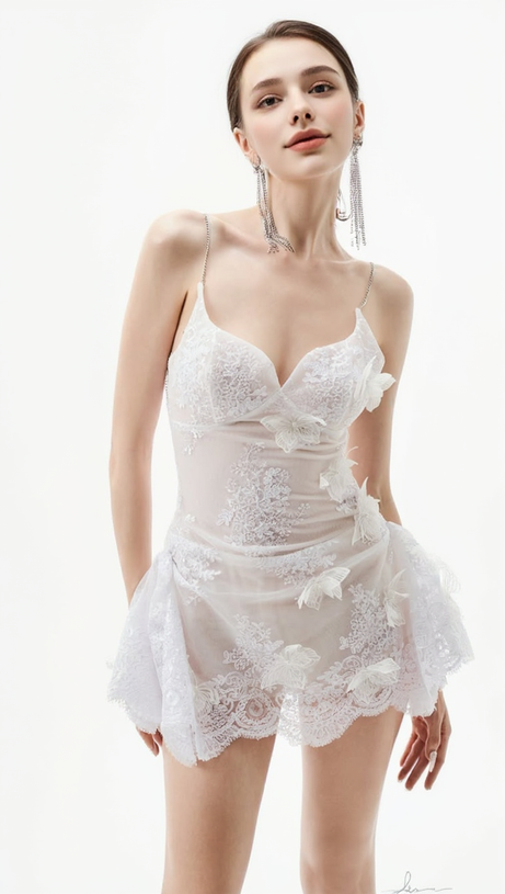 ABITO CORTO IN PIZZO CON DECORAZIONI A FARFALLA VERNA BIANCO