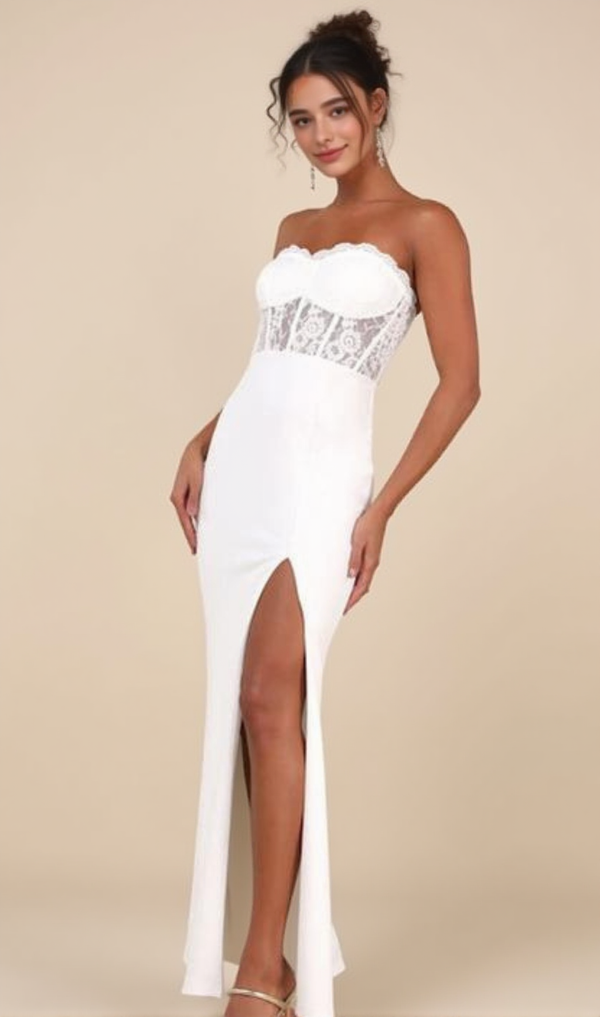 Sultry Persona White Lace Strapless Bustier Mermaid Maxi Dress