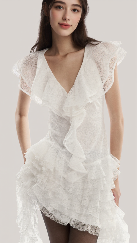 ABITO CORTO MOIRA IRREGOLARE CON VOLANT IN BIANCO