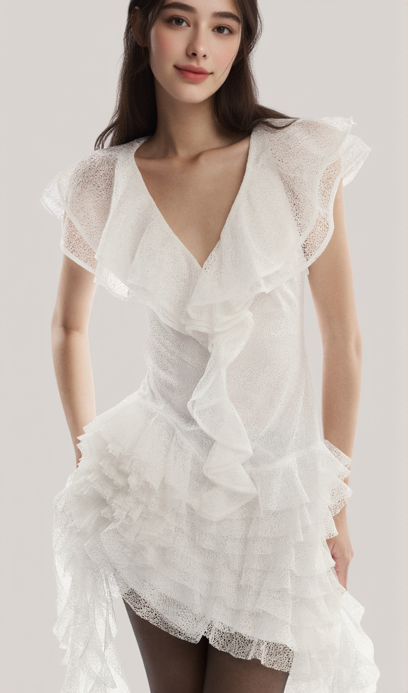 Moira – Minikleid mit unregelmäßigen Rüschen in Weiß