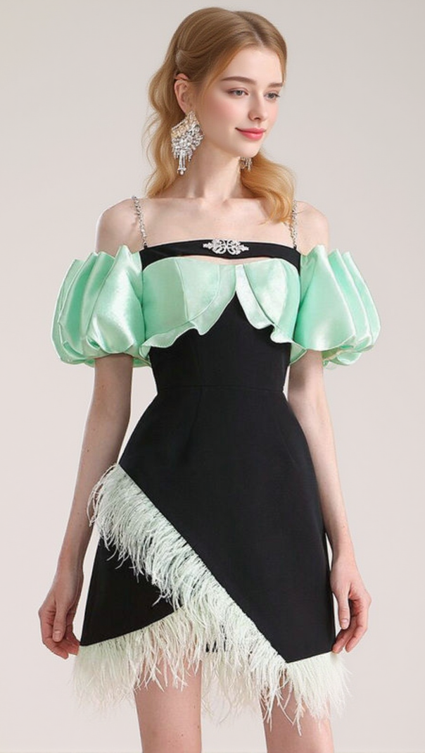 AIIZIE CIELO BLACK OFF-SHOULDER FEATHER MINI DRESS - product image