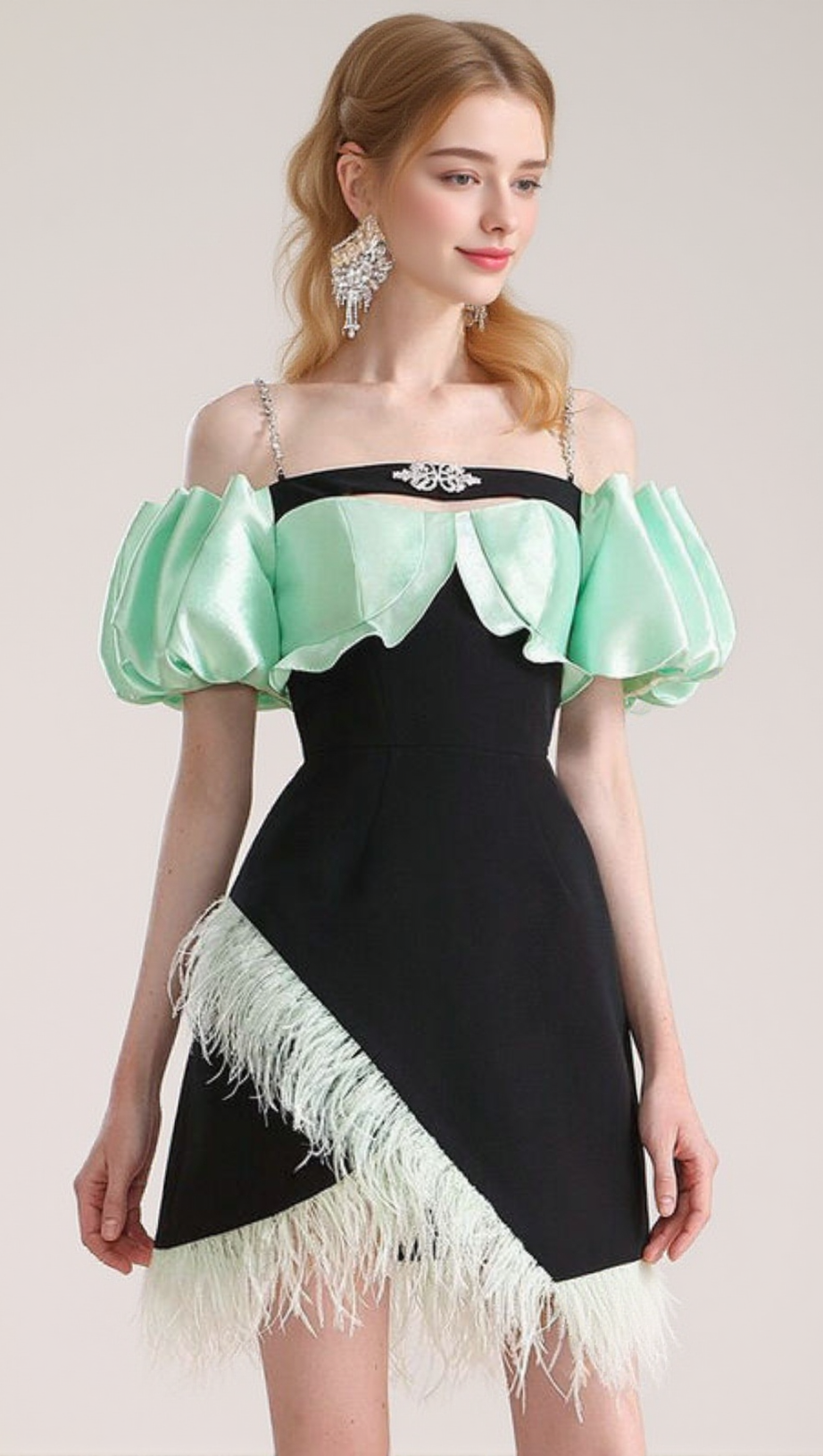 CIELO BLACK OFF-SHOULDER FEATHER MINI DRESS