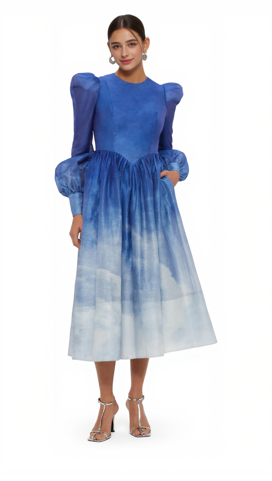 JORDANA STRUCTURED SHOULDER MIDI DRESS IN AERIAL PRINT