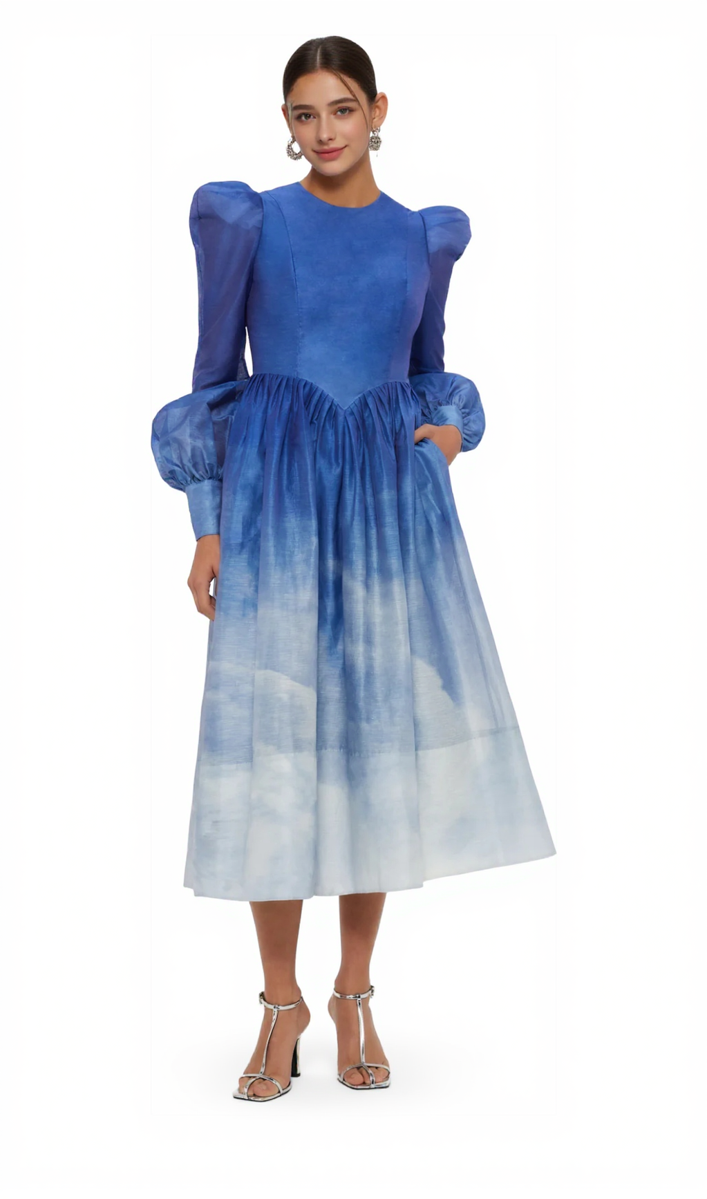 JORDANA STRUCTURED SHOULDER MIDI DRESS IN AERIAL PRINT