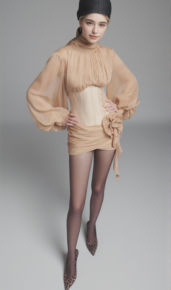 Floral Applique Corset Mini Dress in nude