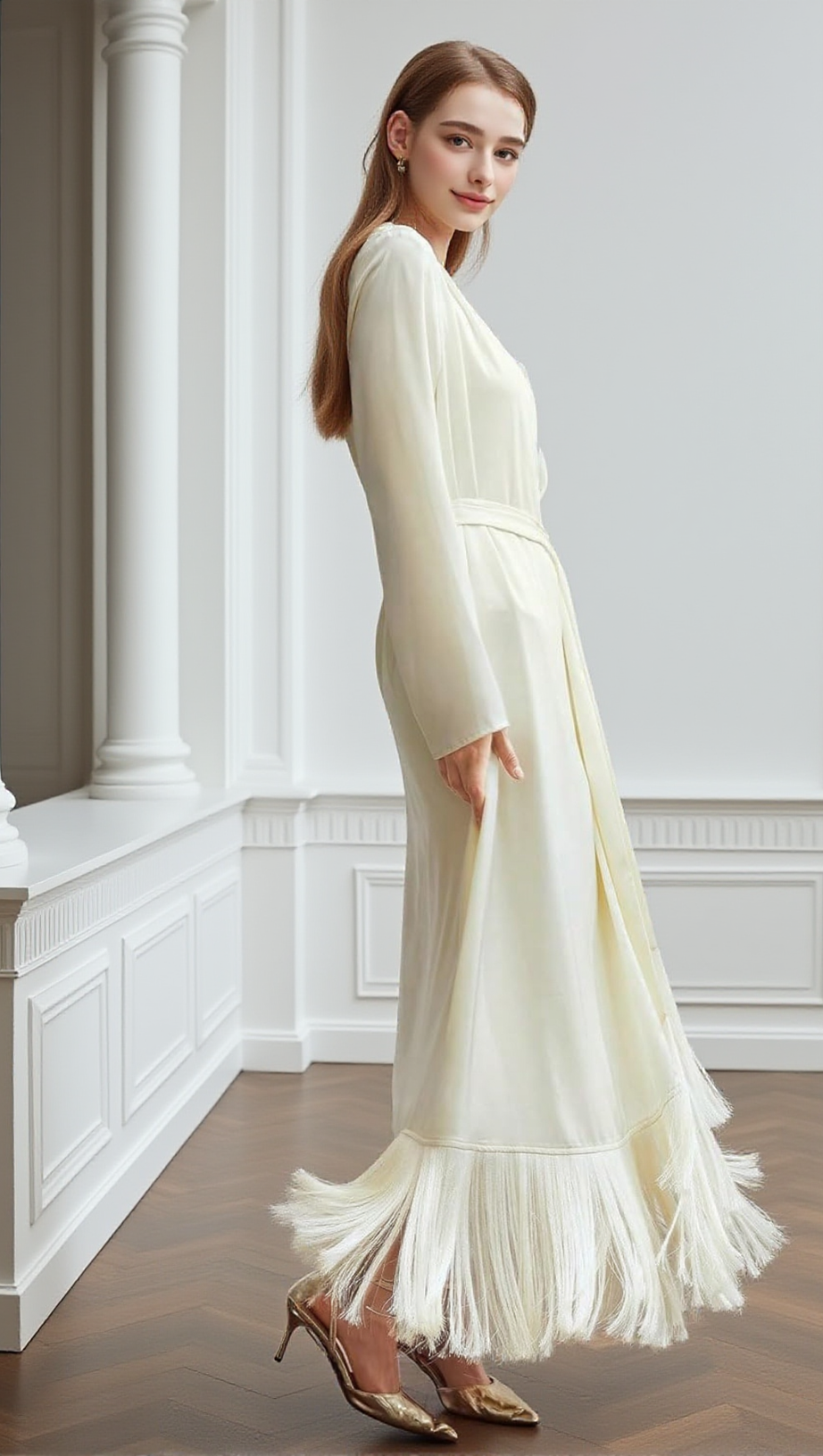 BELTED SATIN FRINGE-HEM DRESS IN BEIGE