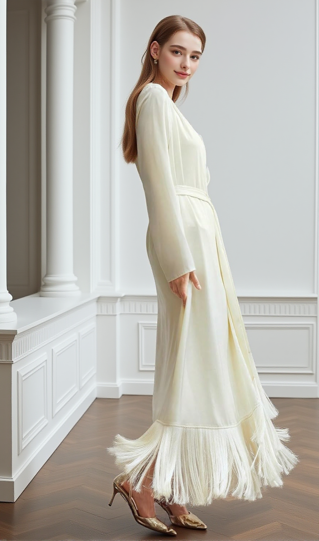 BELTED SATIN FRINGE-HEM DRESS IN BEIGE