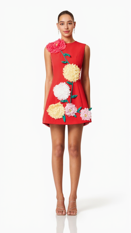 Minikleid mit Buttercup-Stickerei in Rot