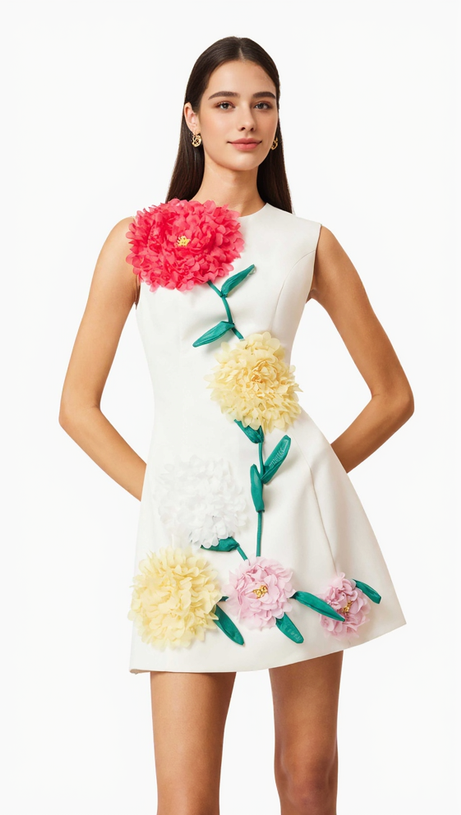 Minikleid mit Buttercup-Stickerei in Elfenbein