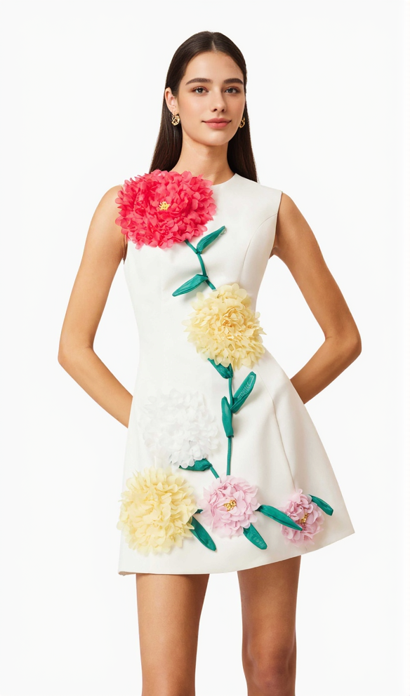 Minikleid mit Buttercup-Stickerei in Elfenbein