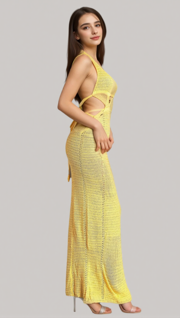 AIIZIE BIRIDI HALTER SHEER KNIT DRESS IN YELLOW - product image