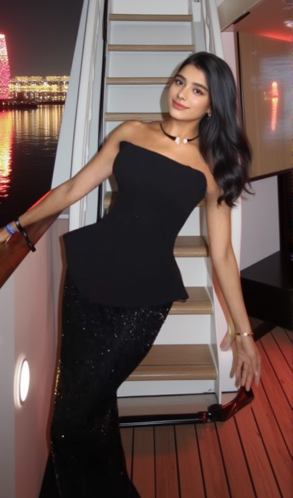 Black top and sequined floor-length skirt suit