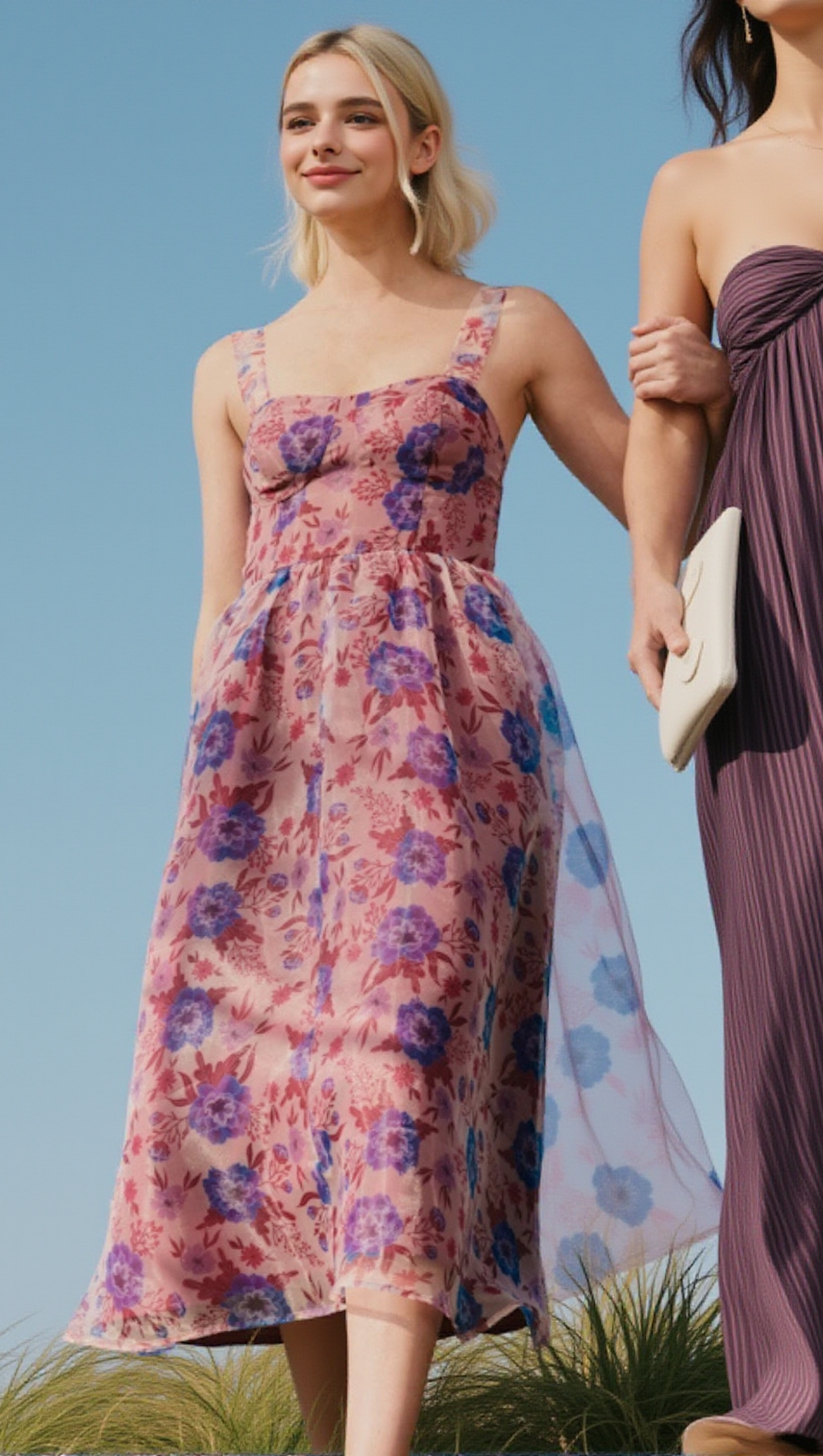 DELIGHTFUL LOOK MAGENTA FLORAL PRINT BUSTIER MIDI SKATER DRESS