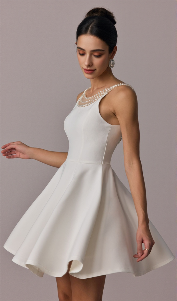 camille Open Back Pearl Embelished Mini Dress in white