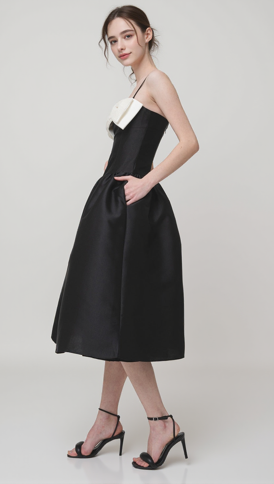 BOW-DETAIL TAFFETA MIDI DRESS IN BLACK