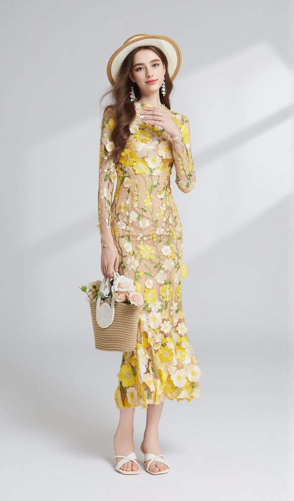 AIIZIE CAROL YELLOW FLORAL EMBROIDERY MESH LONG SLEEVE MIDI DRESS - product image