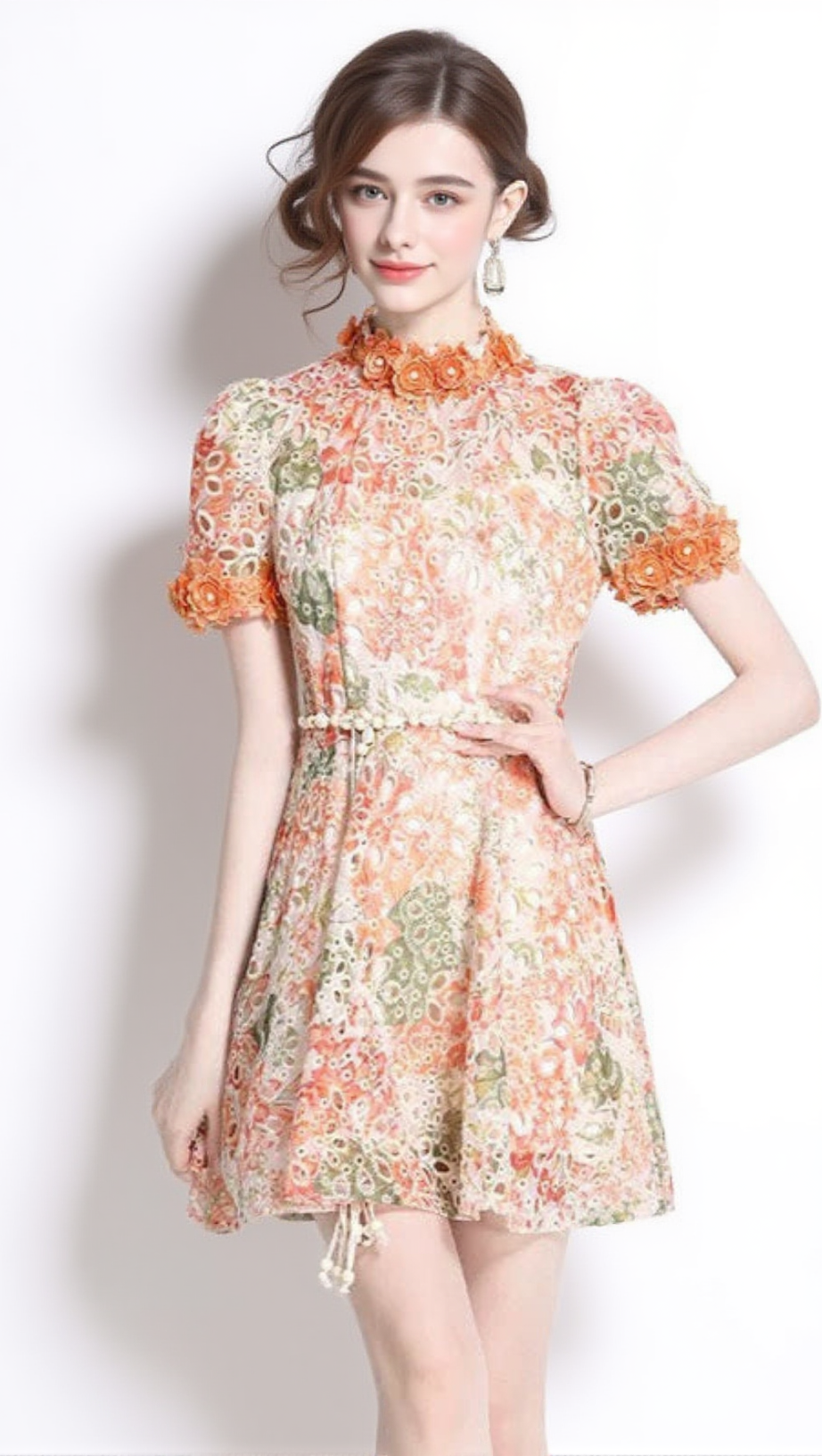 EMBROIDERED HOLLOW FLORAL PUFF SLEEVES MINI DRESS