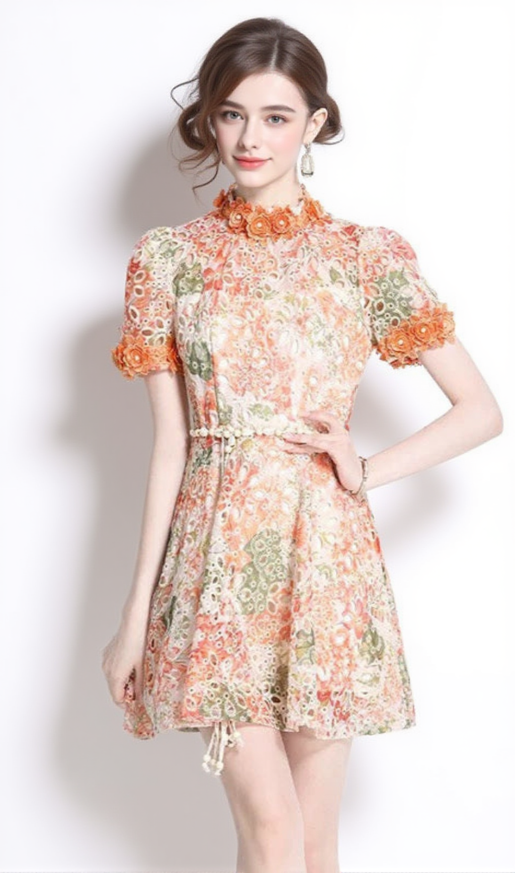EMBROIDERED HOLLOW FLORAL PUFF SLEEVES MINI DRESS