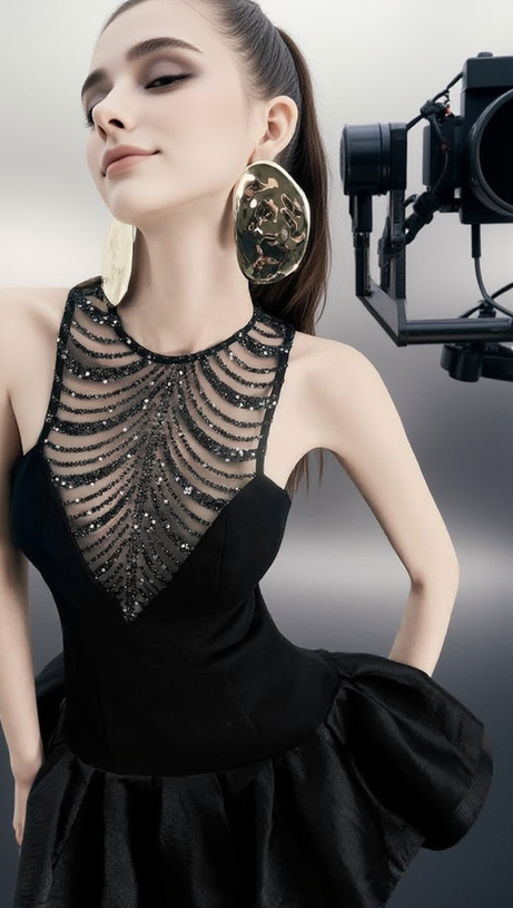 Jessica – Minikleid aus Paillettentüll mit gerüschtem Saum in Schwarz