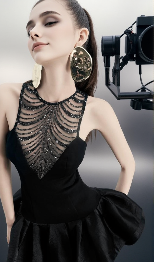 AIIZIE JESSICA SEQUIN TULLE RUCHED HEM MINI DRESS IN BLACK - product image