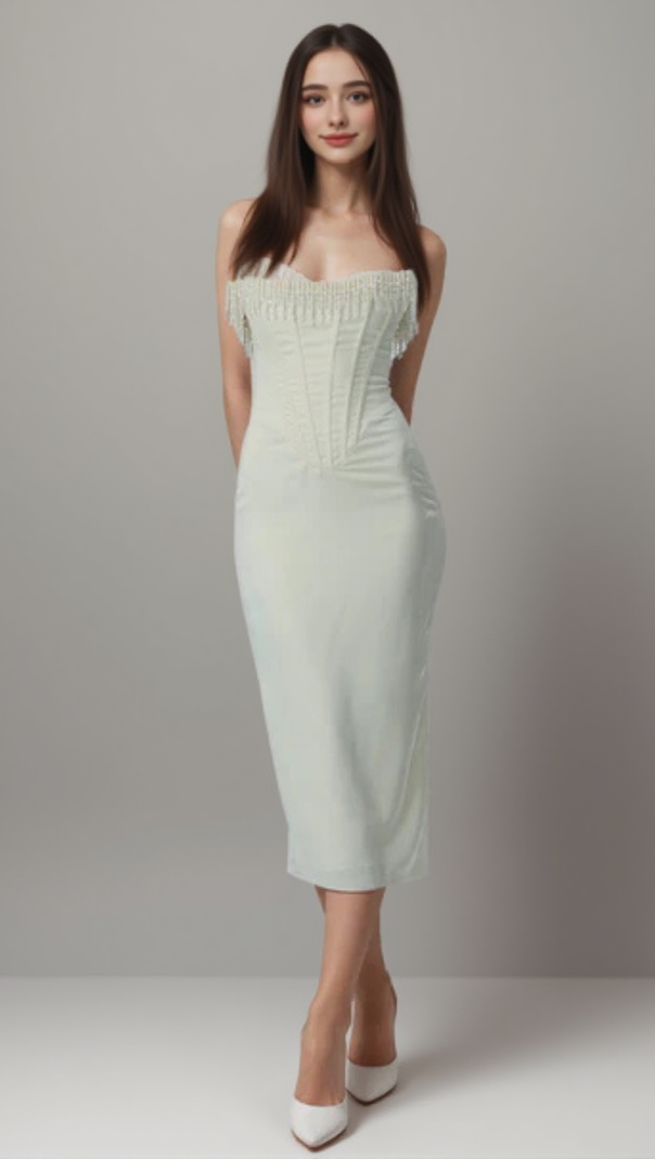 AIIZIE IVORY OFF-SHOULDER MIDI DRESS WITH PEARL FRINGE - product image