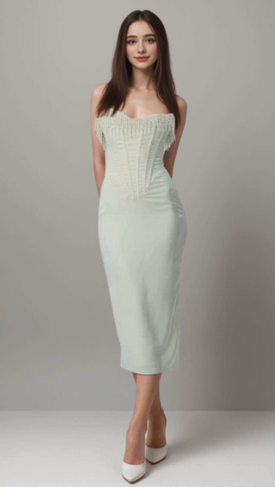 IVORY OFF-SHOULDER MIDI DRESS WITH PEARL FRINGE