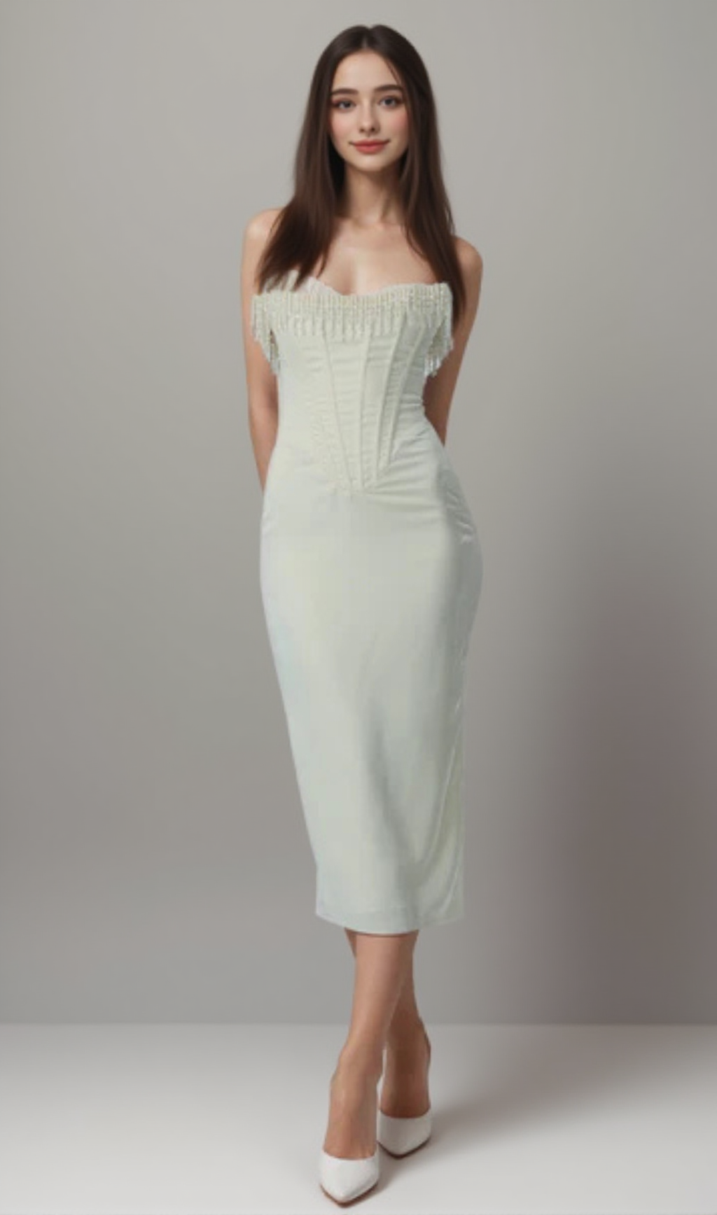 IVORY OFF-SHOULDER MIDI DRESS WITH PEARL FRINGE