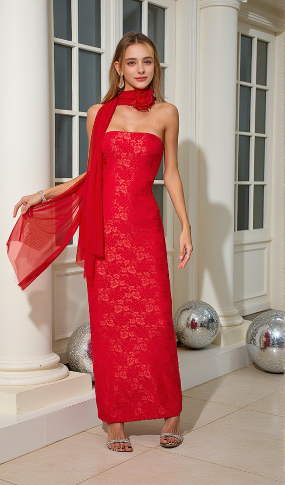 AIIZIE RED STRAPLESS MAXI DRESS - product image