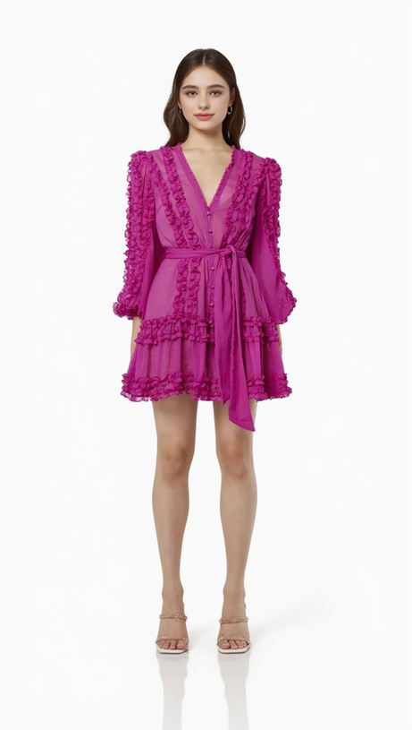 LARA CHIFFON FLOWER HEM MINI DRESS IN ROSE RED