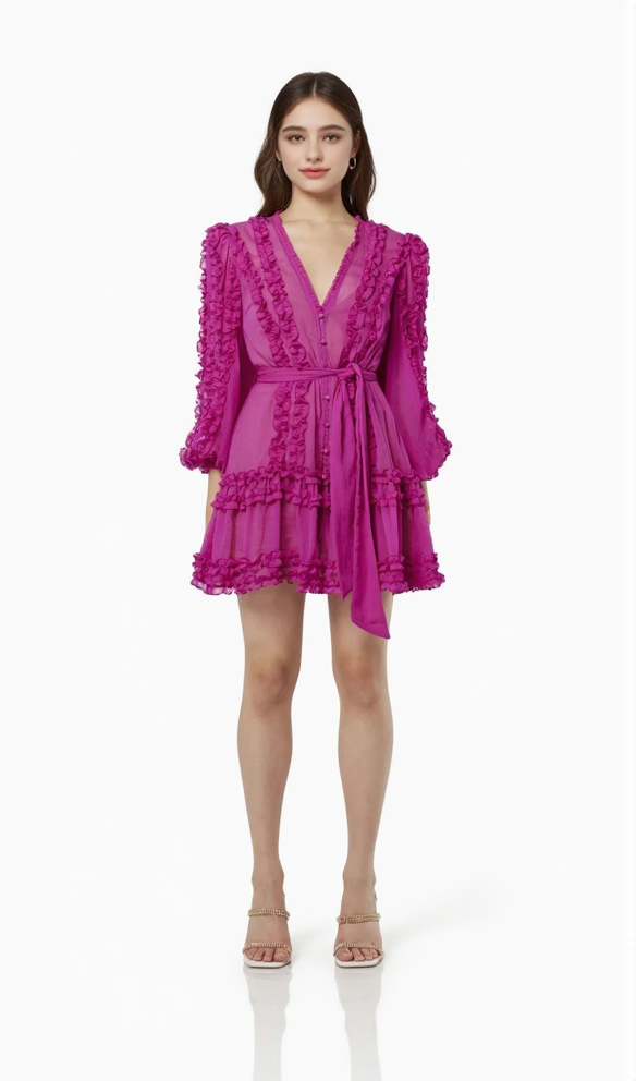 Lara Chiffon flower hem Mini Dress in rose red