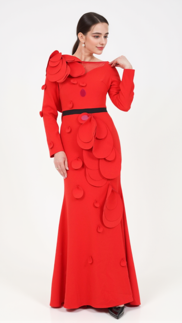 AIIZIE FLORAL BELTED MAXI DRESS IN RED - product image