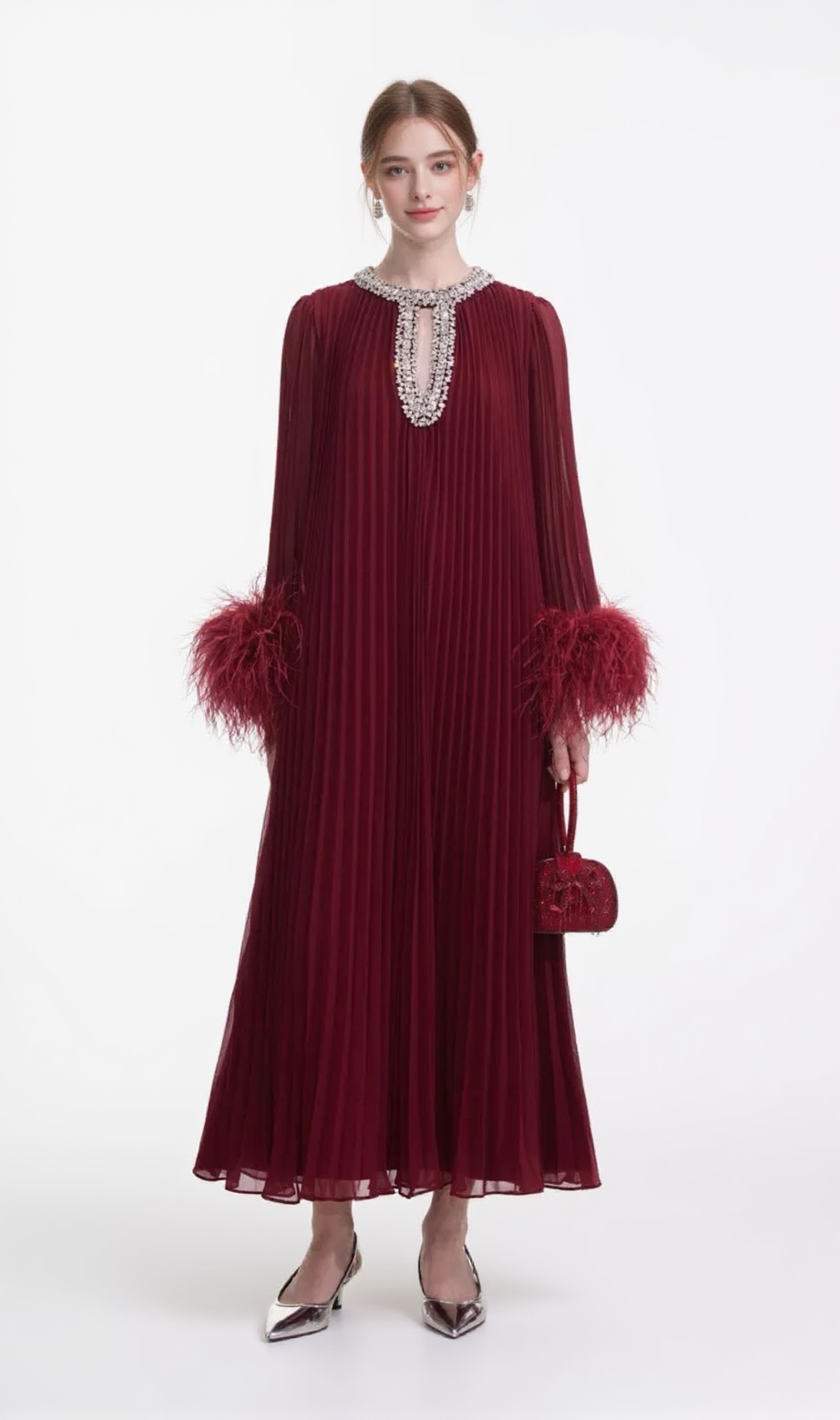 Manja Diamante Chiffon Feather Maxi Dress - Red