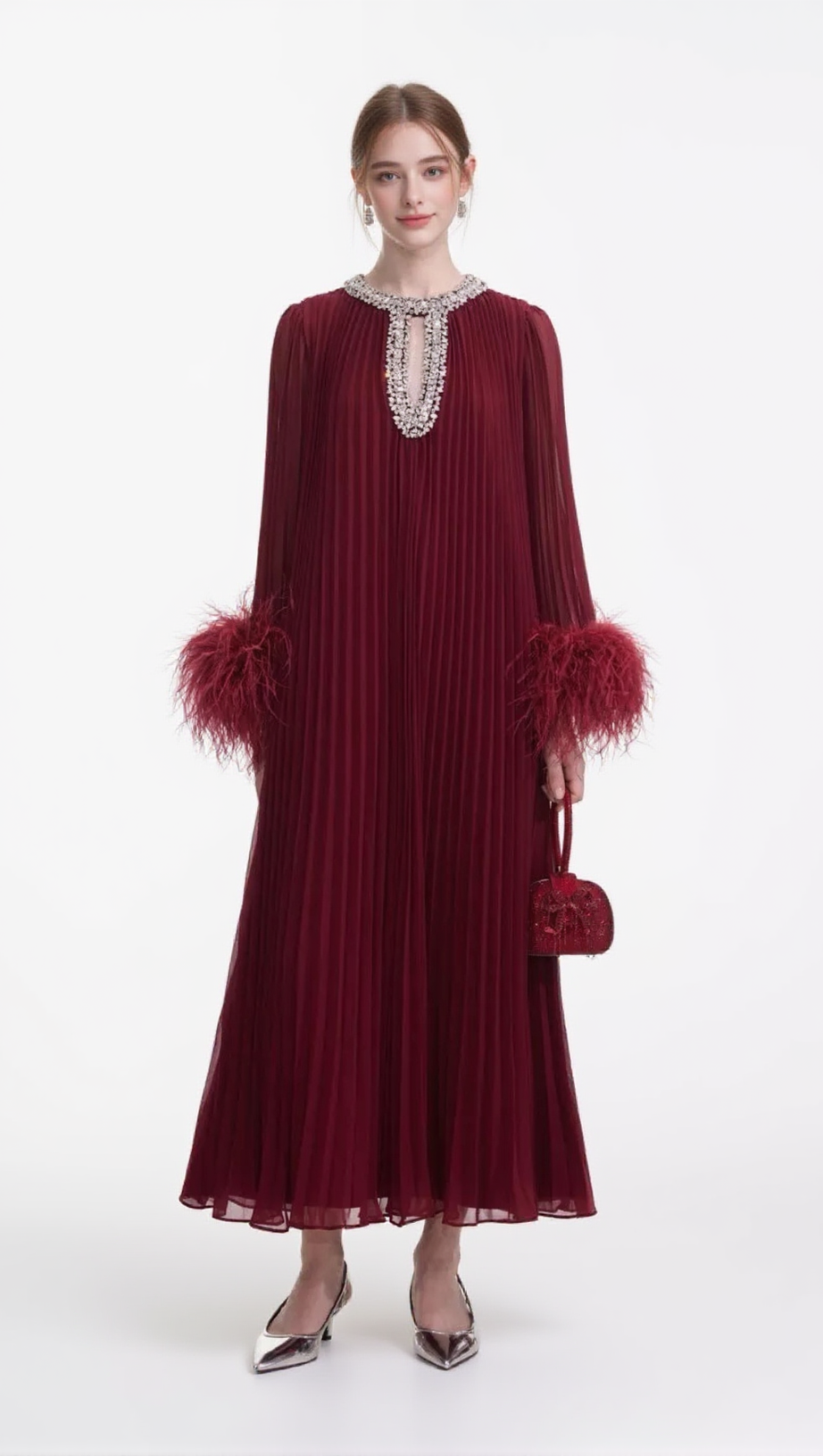 MANJA DIAMANTE CHIFFON FEATHER MAXI DRESS - RED