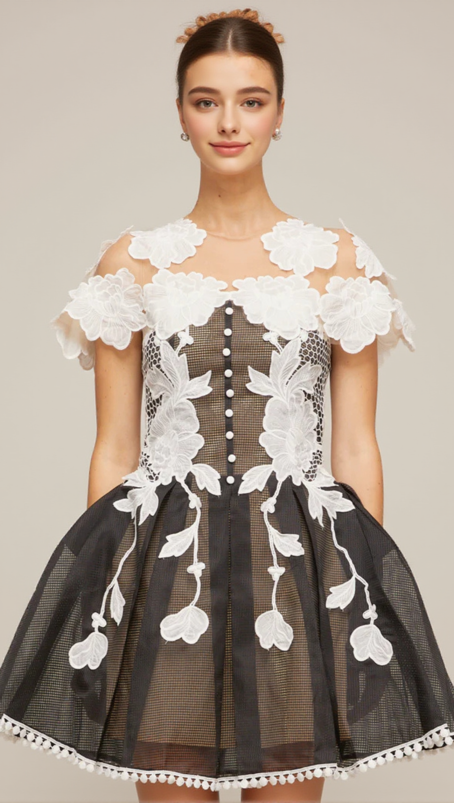 BLACK-WHITE LACE FLOWER EMBELLISHED MINI DRESS