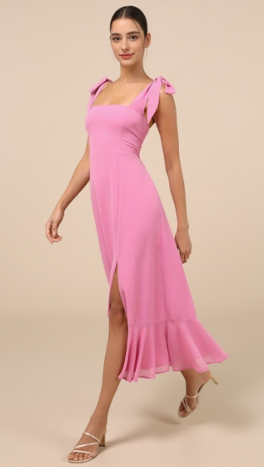 SUMMER INVITE PINK TIE-STRAP TIERED MIDI DRESS