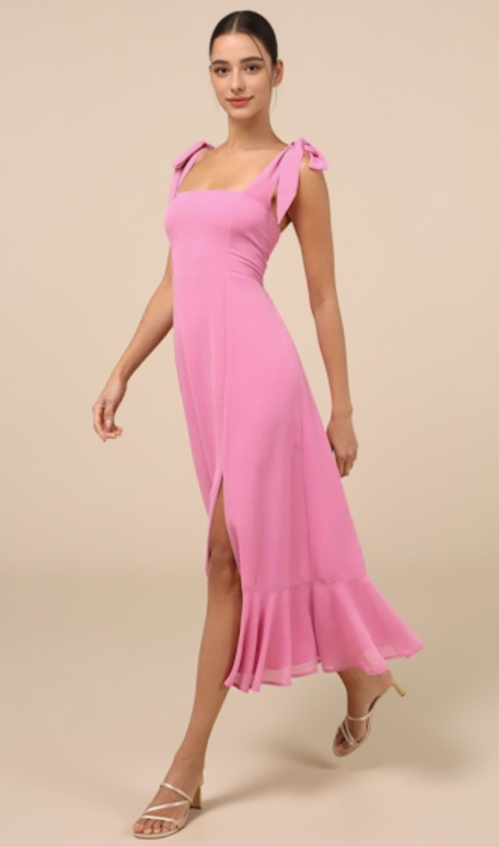 SUMMER INVITE PINK TIE-STRAP TIERED MIDI DRESS