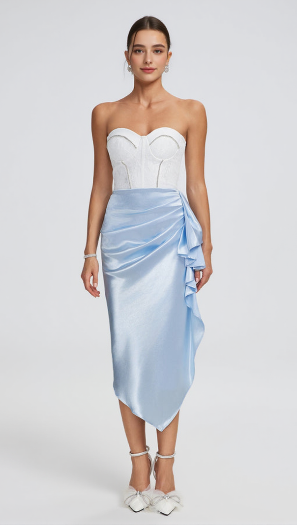 AIIZIE ADORA WHITE BLUE LACE BUSTIER DRAPED MIDI DRESS - product image