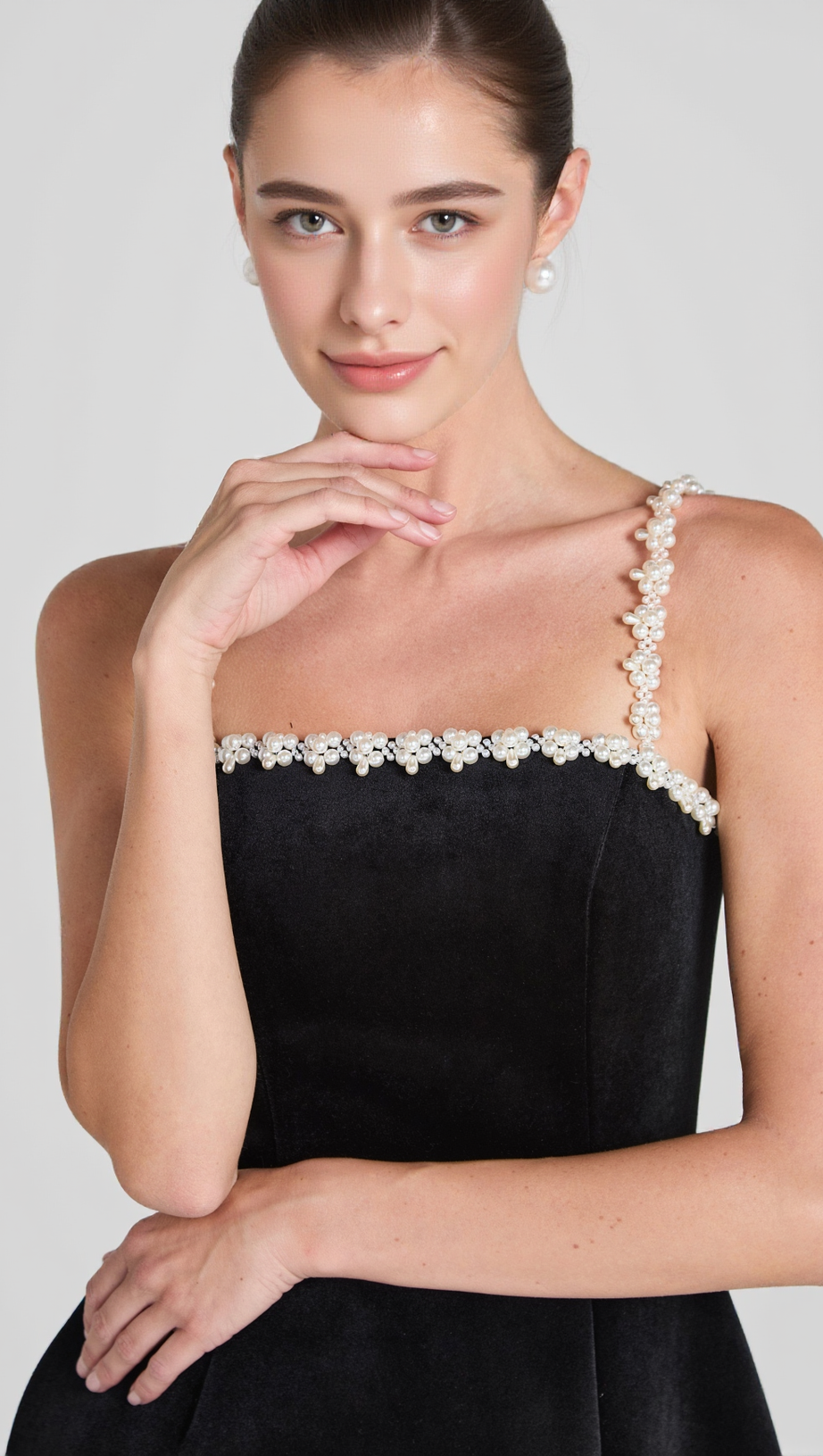 PEARL EMBELLISHED STRAP MINI DRESS IN BLACK