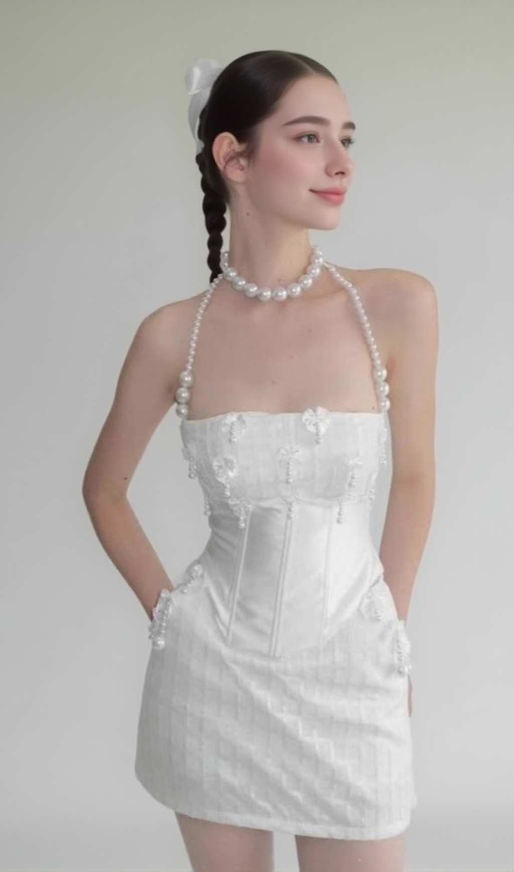 pearl fishbone wrap top skirt set in white