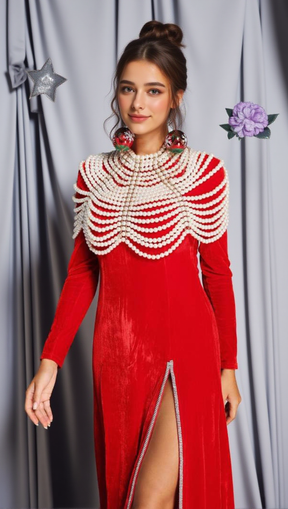 AALIYAH PEARL EMBELLISHED VELVET MAXI DRESS IN RED