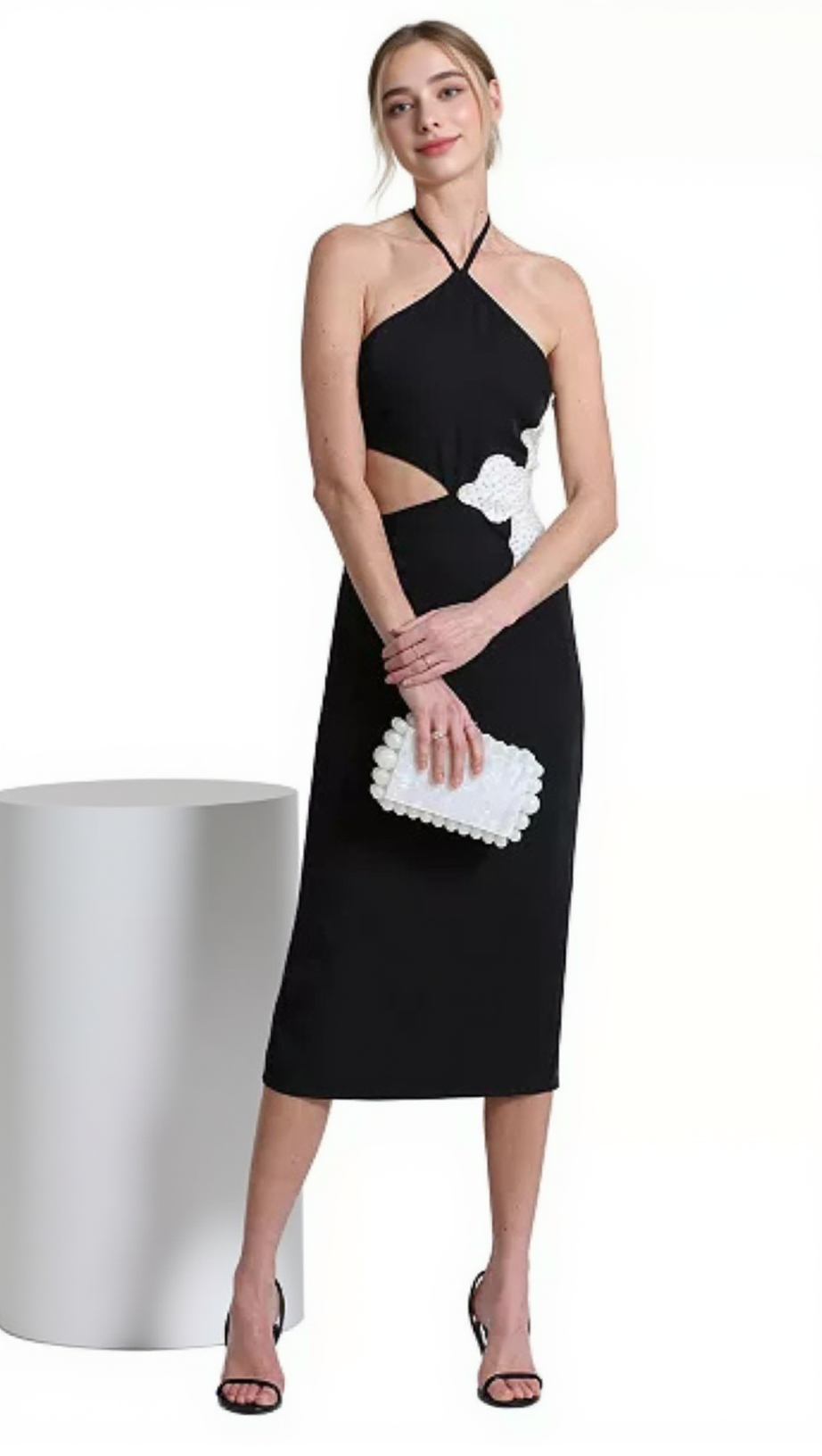 ATHENA FLORAL APPLIQUÉ CUTOUT HALTER MIDI DRESS IN BLACK