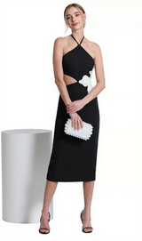 ATHENA FLORAL APPLIQUÉ CUTOUT HALTER MIDI DRESS IN BLACK