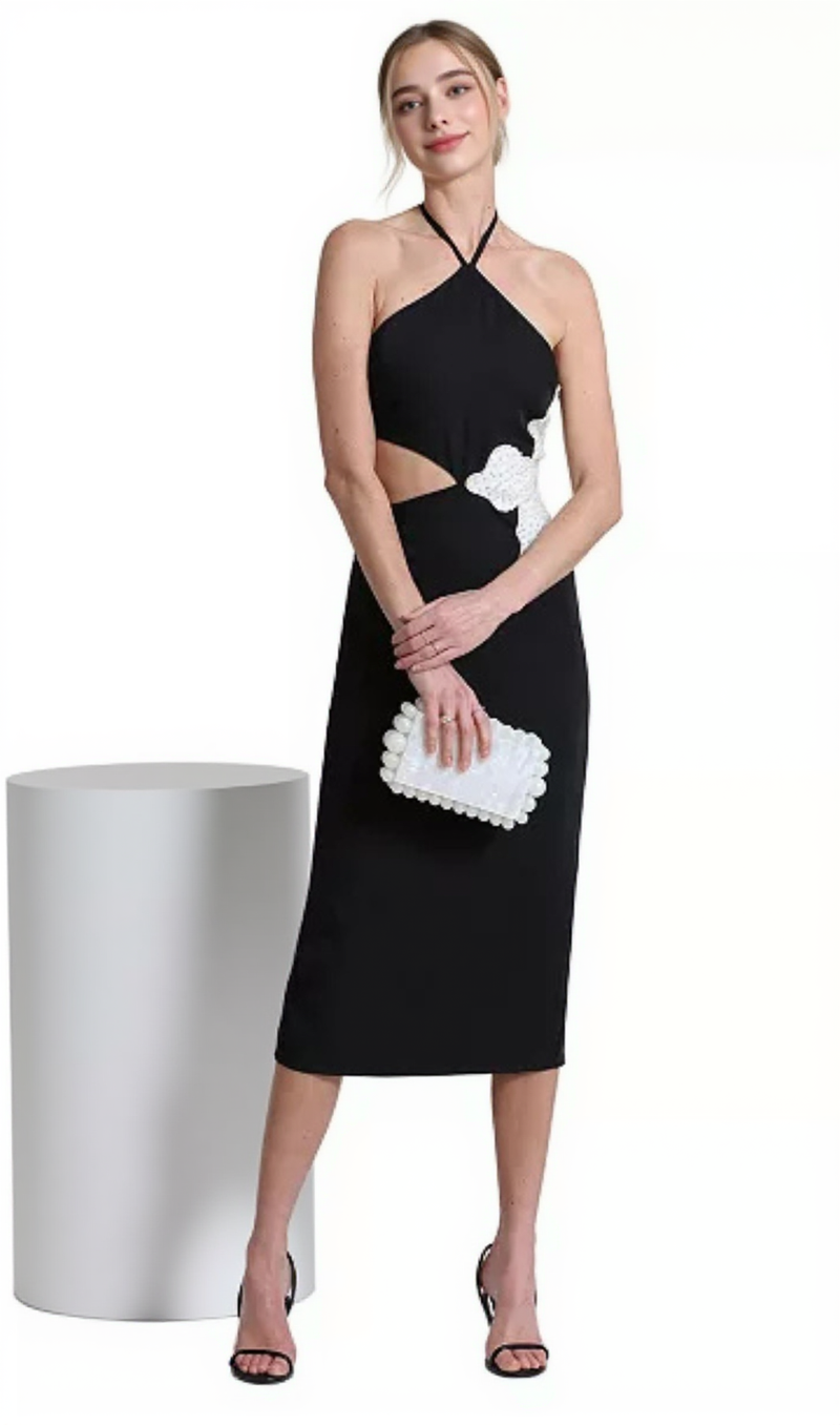 ATHENA FLORAL APPLIQUÉ CUTOUT HALTER MIDI DRESS IN BLACK