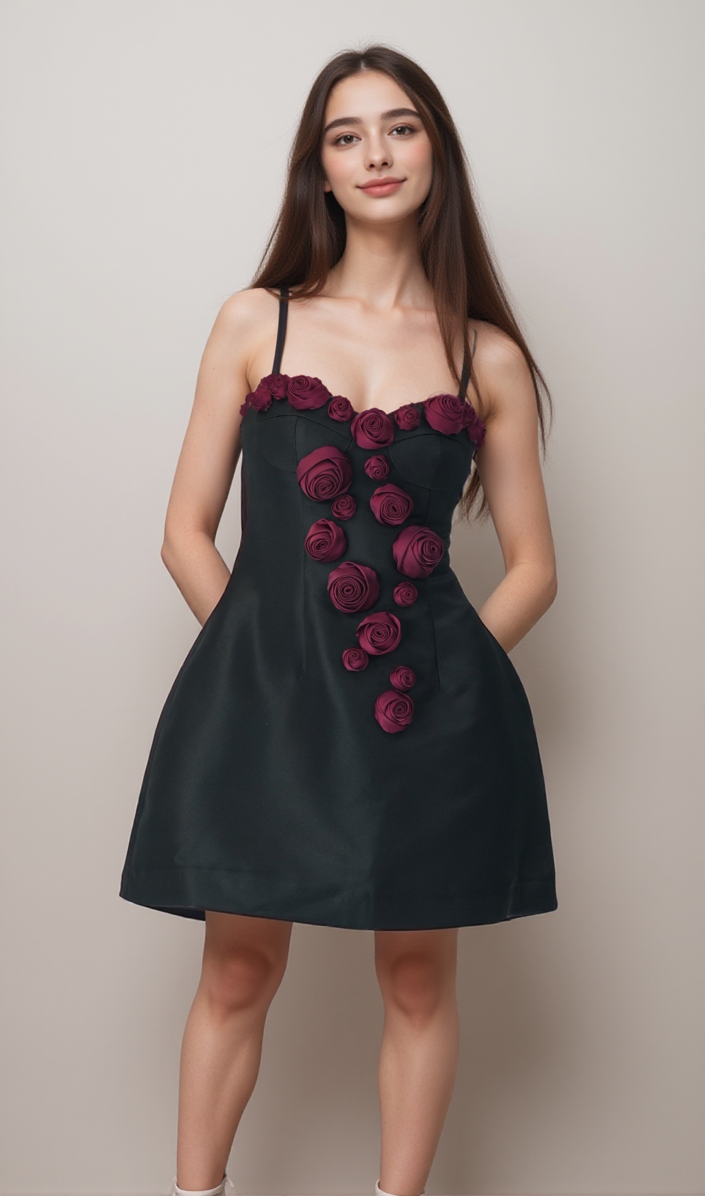 Elegantes burgunderrotes Minikleid aus schwarzem Satin mit 3D-Blumenmuster