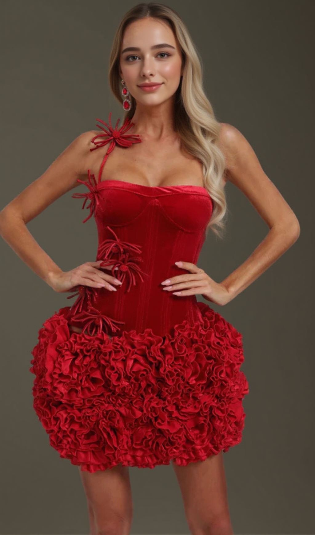 velvet corset floral mini skirt suit in red