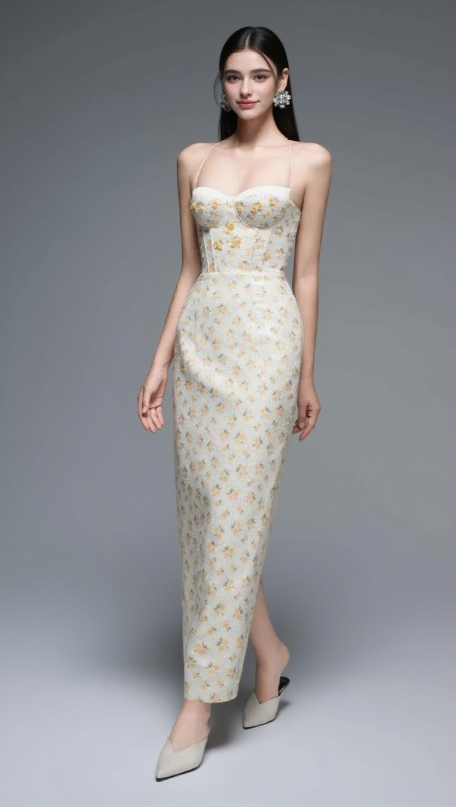 PRINT EMBROIDERY MAXI DRESS IN BEIGE