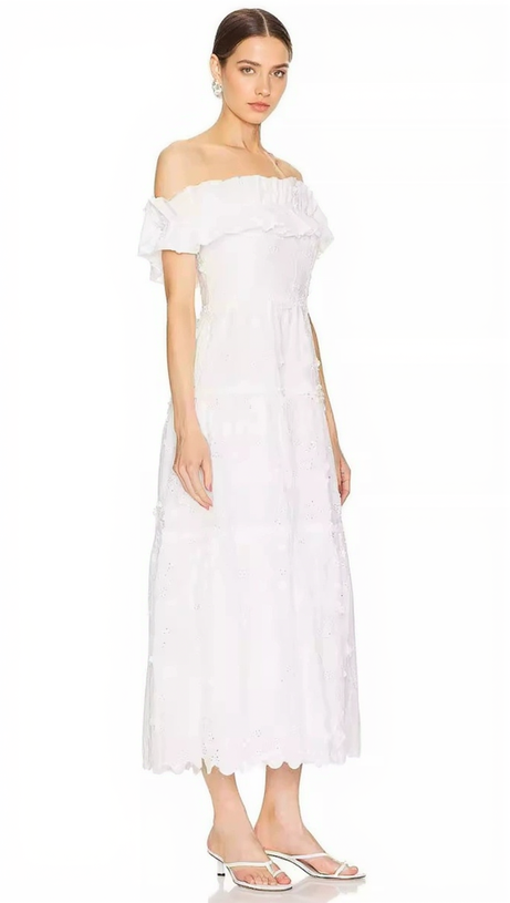 RUFFLE NECKLINE HIGH SPLIT MIDI DRESS IN WHITE